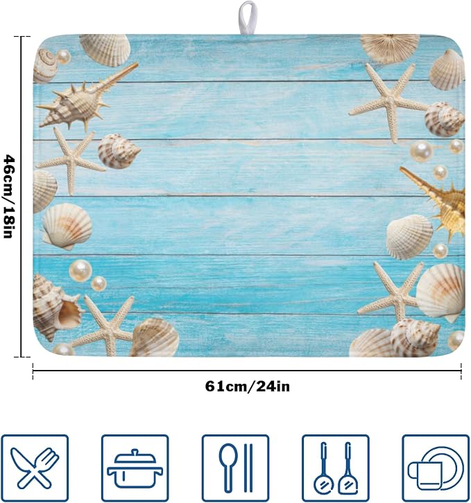 Summer Coastal Dish Drying Mat for Kitchen Counter Seashell Starfish Blue Wooden Board Microfiber Dish Drainer Mat Ocean Nautical Absorbent Washable Drying Pad Extra Large 18"x24"
