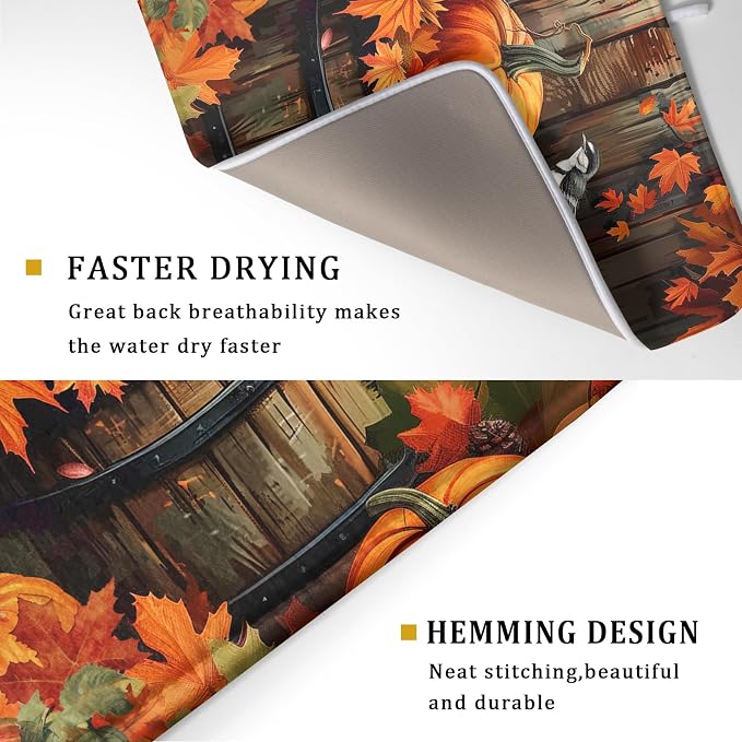 Fall Pumpkin Dish Drying Mat for Kitchen Counter 18x24 Inch Autumn Maple Leaves Microfiber Drying Mats Absorbent Reversible Thanksgiving Day Dish Pad Autumn Orange Dish Mats for Drying Kitchen Decor