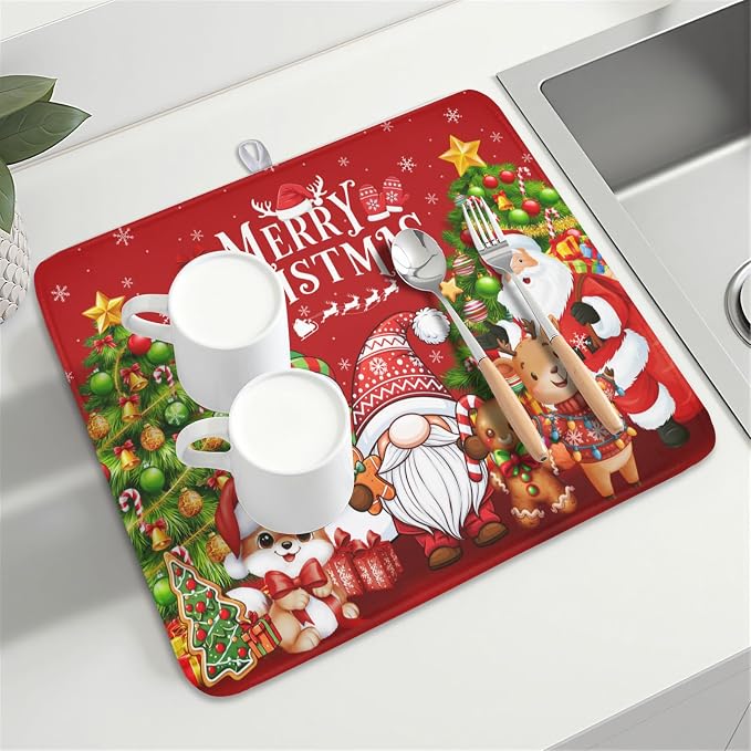 Merry Christmas Dish Drying Mat for Kitchen Counter 16x18 Inch | Xmas Theme Snowman Santa Claus Trees Pattern Dish Drainer Mat Rustic Holiday Absorbent Washable Drying Pad