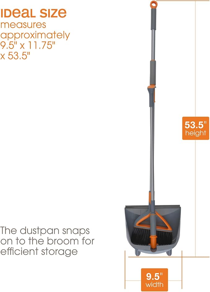 Casabella Quick 'n Easy Upright Broom and Dustpan Set, Multi-Surface for Tile, Wood & Laminate Floors, Gray