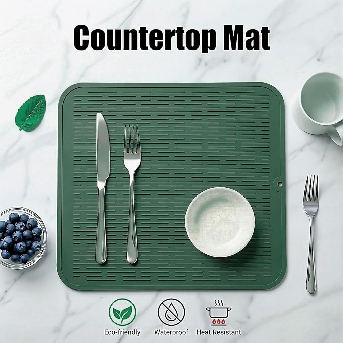 MicoYang Silicone Dish Drying Mat for Multiple Usage,Easy clean,Eco-friendly,Heat-resistant Silicone Mat for Kitchen Counter or Sink,Refrigerator or Drawer Liner Green XL 18 inches x 16 inches