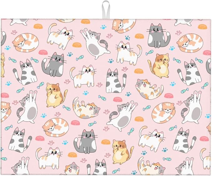 Pink Cat Dish Drying Mat for Kitchen Counter Cute Kitchen Dish Mat Microfiber Kitchen Countertop Absorbent Reversible Drainer Rack Pad