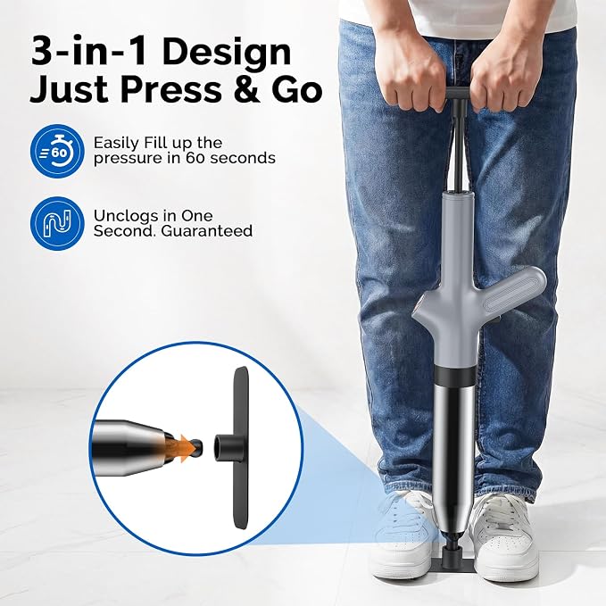 HAMITOR Toilet Plunger Drain Clog Remover: High Pressure Air Plunger & Heavy Duty Toilet Snake with Barometer for Bathroom,Sink - Unclogging Tool for Failed Traditional Plungers, Grey