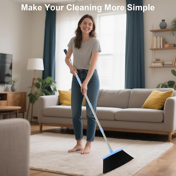 Broom and Dustpan Set 52-in Long Adjustable Handle Broom Dustpan Combo | Upright Dustpan with Teeth to Automatically Clean Hair, Suitable for Home Kitchen Office Hall Floor Garden Lobby (Blue)