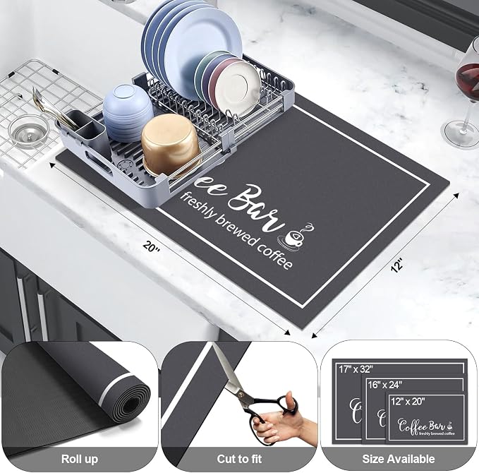Findosom Dish Drying Mat, 12"x 20" Super Absorbent & Hide Stain Coffee Mat, Cuttable Drying Mat for Kitchen Counter, Coffee Bar Accessories, Under Dish Rack, Coffee Maker, Espresso Machine, DarkGrey