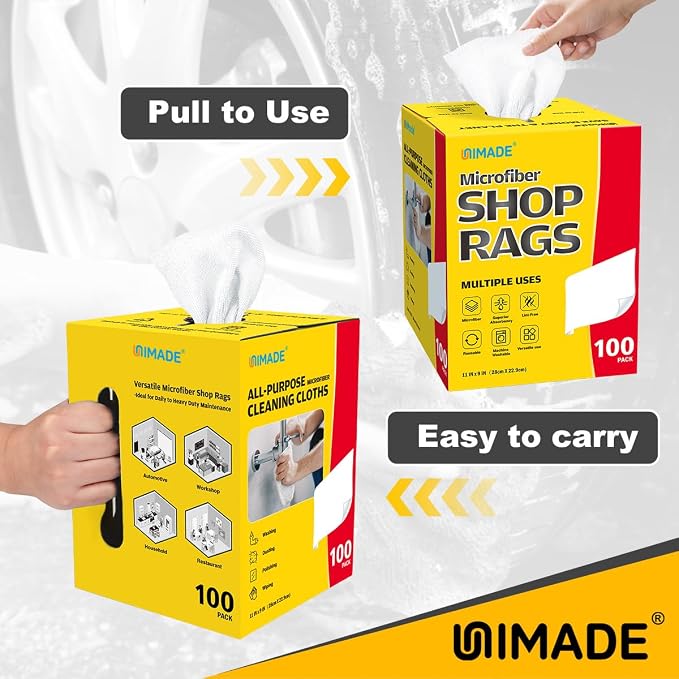 UNIMADE Shop Rags, 2 Boxes - 200 Sheets Microfiber Cleaning Cloth | Commercial Grade Washcloths Lint-Free Bulk Shops Towels for Cars Mechanic Restaurant Garage Housekeeping, 11"x 9", White