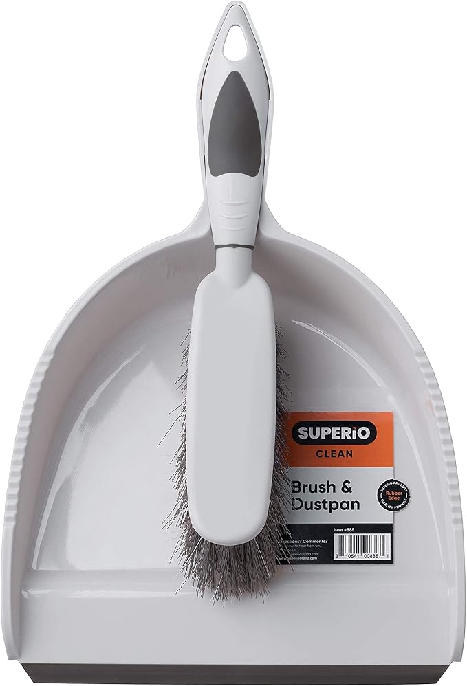 Superio Brush and Dustpan Set, Rubber Edge for Easy Dirt Pickup, Durable Plastic Broom Set with Ergonomic Grip Handle, for Table, Countertop, Desk (1)