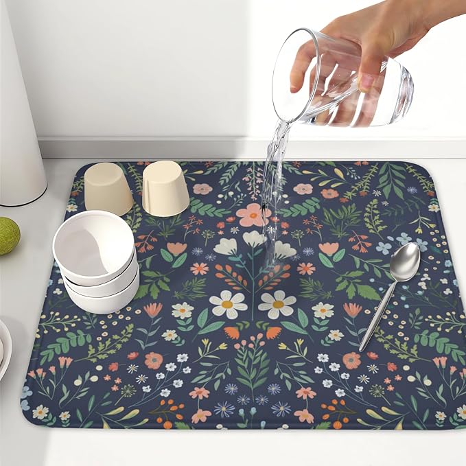 Floral Dish Drying Mat for Kitchen Counter Rustic Flower Leaves Print Microfiber Dish Drainer Mat Farmhouse Floral Absorbent Washable Drying Pad 16"x18"