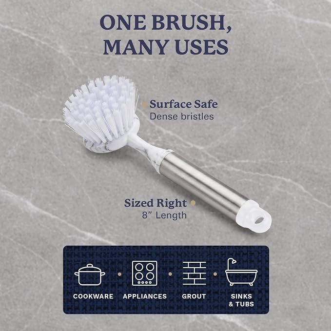 Farberware Dish Brush with Handle, 2 Pack, Firm Bristles | Kitchen scrub brush and dish scrubber removes grease, reaches pot and pan edges, 8in, round head, marble-look design