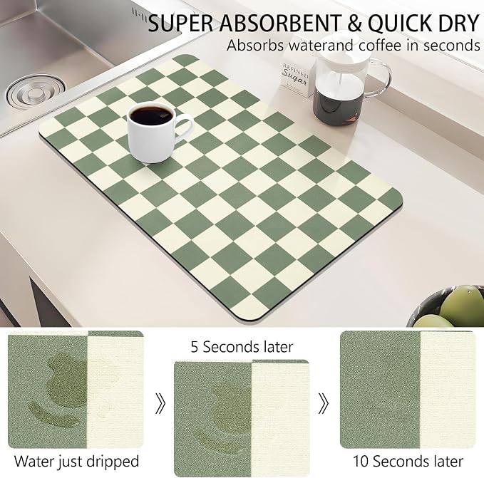 Dish Mat Drying Kitchen Mat, ,16"x 24" Super Absorbent Kitchen Dish Drying Pad for Countertop, Easy to Clean Drainer Mats with Non-slip Rubber Backed for Kitchen Counter,Green Checkered