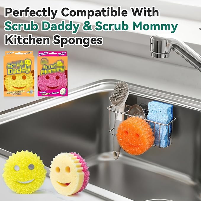 3-IN-1 Multiuse Sponge Holder for Kitchen Sink, Sponge Caddy for Scrub Daddy/Scrub Mommy Smiley Face, Sink Organizer Accessories for Dish Brush, Scrubber - with 2 Suction Cups & 1 Adhesive Hook