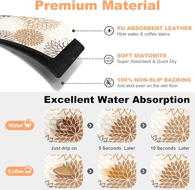 Findosom 2PCS 16" x 24" Dish Drying Mat & 24" x 5.5" Sink Splash Guard, Super Absorbent & Cuttable Dish Mat Drying Kitchen Mat with Brown Floral, Hide Stain Drying Mat for Kitchen Counter