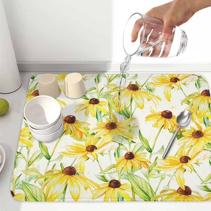 Yellow Sunflower Dish Drying Mat for Kitchen Counter 18x24 Inch | Floral，Polyester，Absorbent Microfiber，for Coffee Dining Bar Decor