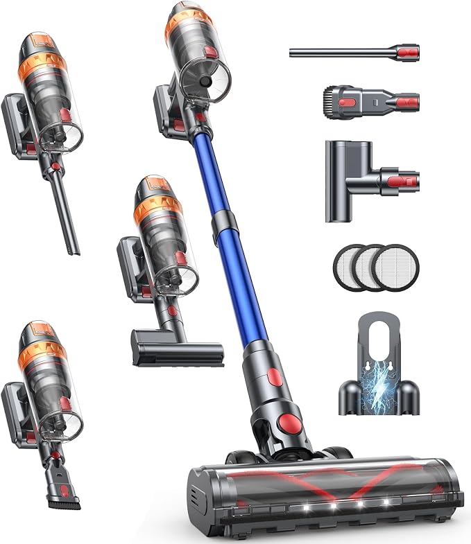 SMOTURE Cordless Vacuum Cleaner, 600W 45KPA 60Min Stick Vacuum Cleaners, Rechargeable Vacuum Cordless with Extra Mattress Cleaning Tool, Self-Standing, Wall Mount Charging, for Pet Hair Floor Carpet