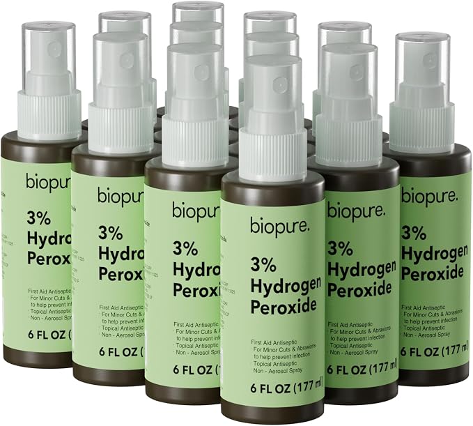 Biopure Hydrogen Peroxide 6 Fl Oz Spray – Convenient Non-Aerosol Spray Bottle with 3% Hydrogen Peroxide| Hydrogen Peroxide 3% First Aid Topical Antiseptic for Minor Cuts and Abrasions (12-Pack)