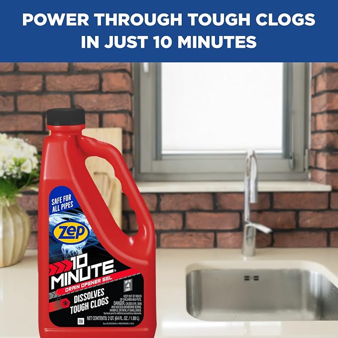 Zep 10 Minute Drain Opener Gel 64 oz (Case of 6) ZHCR64NG - Commercial Strength, Fast Acting and Safe For All Pipes