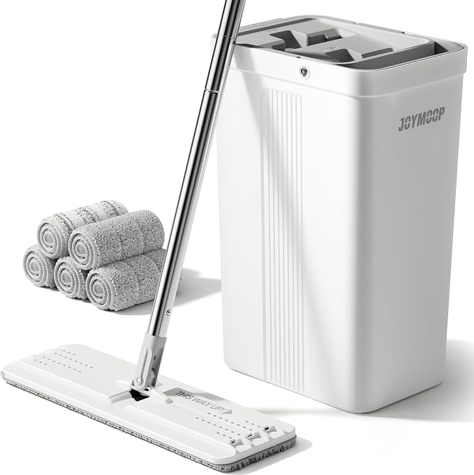 JOYMOOP Flat Mop System, Microfiber Mop and Bucket Set, White, Household & Commercial Floor Cleaning Mop with Long Handle, Wet & Dry Cleaning for Hardwood Floors, Includes 5 Pads