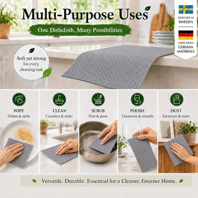 Swedish Dishcloths for Kitchen – 10 Pack Grey Reusable Cellulose Sponge Cloths – Ultra Absorbent, Eco-Friendly Cleaning Towels – No Odor, Assorted Dishcloths for Washing Dishes & General Cleaning