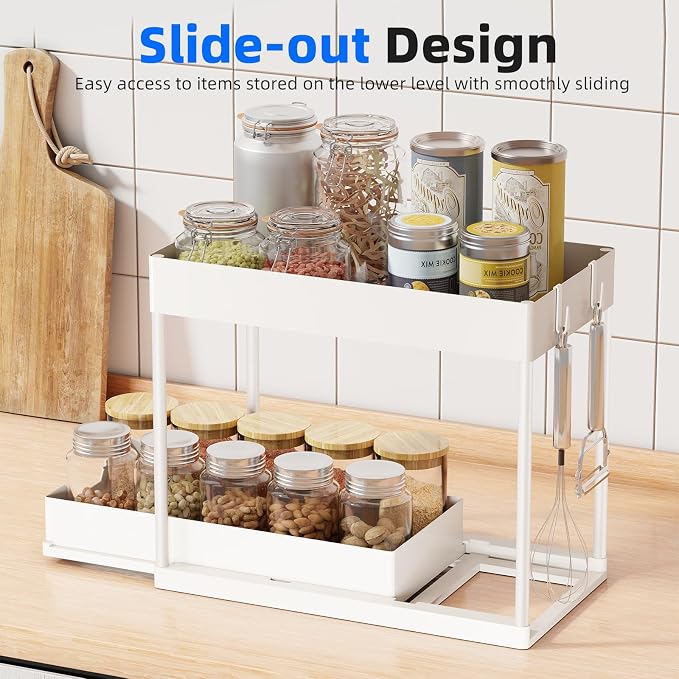 Simple Trending Under Sink Organizer 2 Pack, Sink Pull-Out Sliding Storage Cabinet, 2-Tier Under Shelf Organizer for Kitchen Bathroom, White