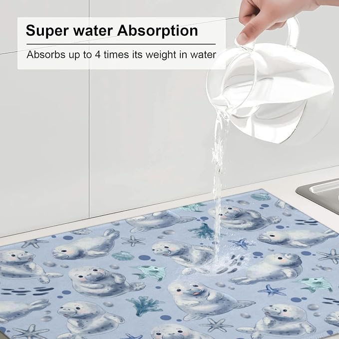 Manatees Dish Drying Mat for Kitchen Counter Cute Kitchen Mat Microfiber Kitchen Countertop Absorbent Reversible Drainer Rack Pad Dish Drying Mat 18 x 24 Inch