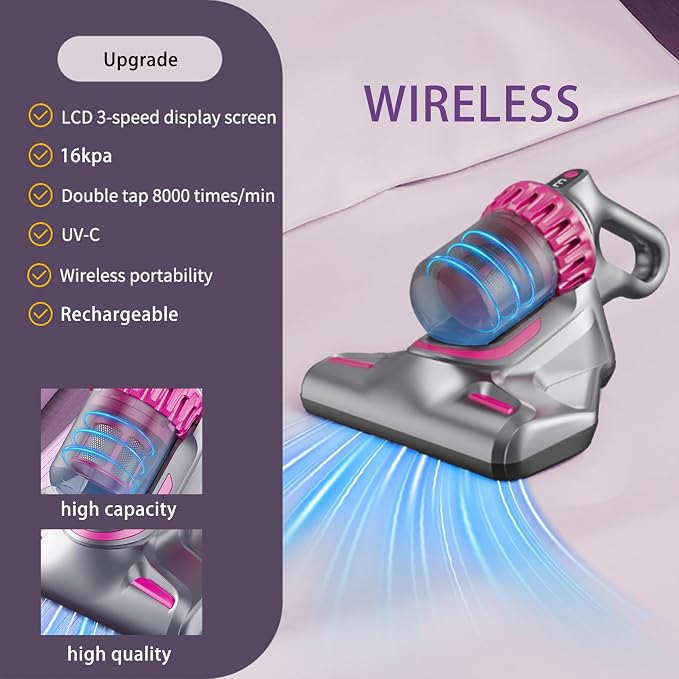 Mattress Vacuum Cleaner Cordless: 16Kpa Bed Vacuum Cleaner with 253.7nm UV-C Light 8000/min Pat Triple Filtration Portable Vacuums for Sofa Bed (BLACK01)