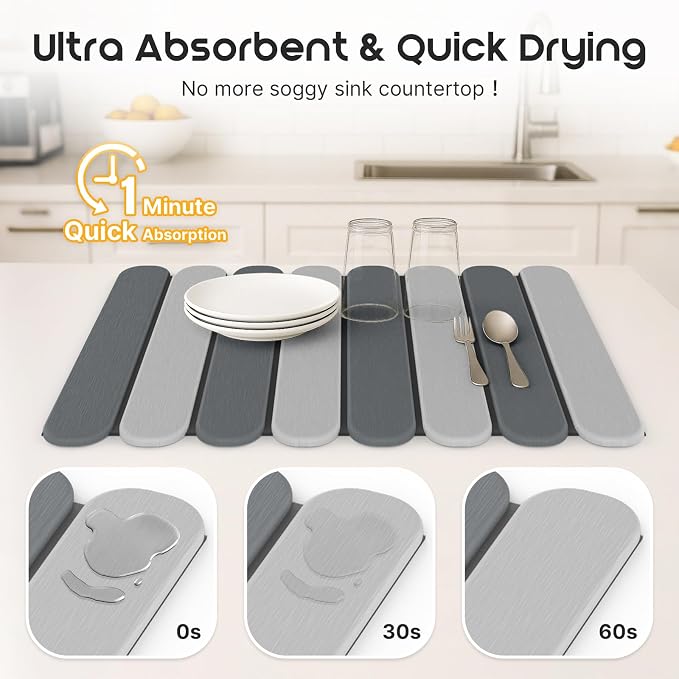 ArtyCozy Large Stone Dish Drying Mats with Non-Slip Rubber Back for Kitchen Counter, 24"×16", Space-Saving Foldable Quick Dry Absorbent Diatomaceous Earth Mat Dishes Bottles Cups Any Countertop