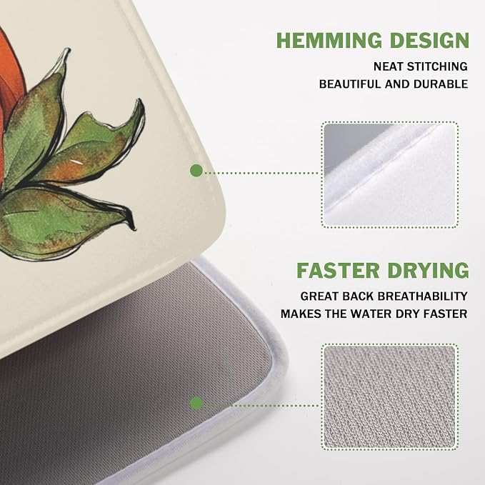 Fall Pumpkin Dish Drying Mat for Kitchen Counter 16 x 18 Inch Autumn Green Leaf Dish Drainer Mat Absorbent Microfiber Thanksgiving Harvest Dish Rack Pad for Coffee Dining Bar Decor