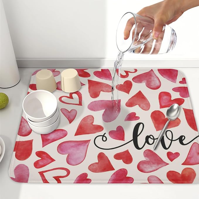 Valentine's Day Red and Pink Heart Dish Drying Mat 16x18 Inch | Polyester，Absorbent Microfiber，for Kitchen Coffee Dining Bar Decor
