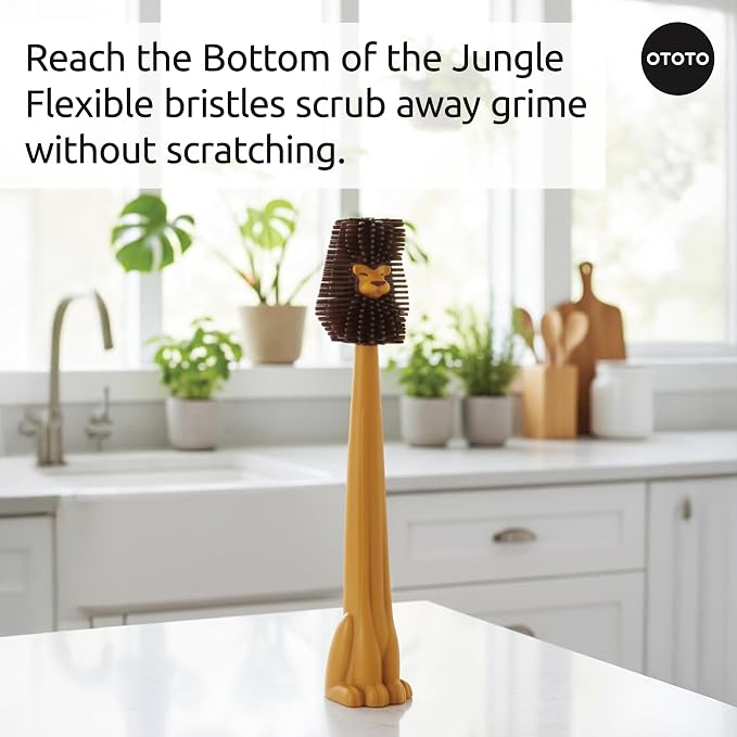 OTOTO Cleo Dish & Water Bottle Brush – Silicone Baby Bottle Brush, Water Bottle Cleaner, Dish Brush with Long Handle, Cute Lion Design, Crevice Cleaning Brush, Baby Essentials, Kitchen Gadgets