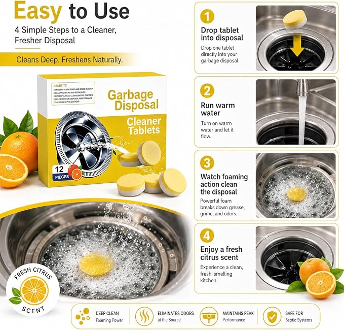 Deep Clean Disposal Tablets, Citrus Scent, Foaming Action Garbage Disposal Cleaner, Keeps Kitchen Sink Fresh (2)