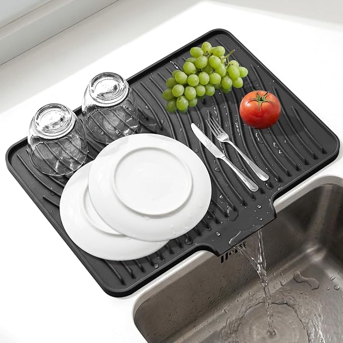 Silicone Dish Drying Mat for Kitchen Counter, Non-Slip Drain Pad with Built-in Drain, Heat Resistant Dish Drying Pad, Multi-Use Drying Mat, Dishwasher Safe & Hangable, Black, 19.7" x 15"