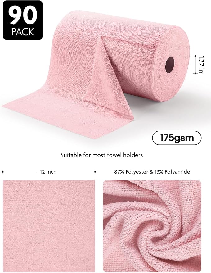 Fantasticlean Microfiber Cleaning Cloth Roll- 90 Sheets, 12" x 12" (Pink) | Super Absorbent, Lint-free, Tear-away Microfiber Towel Roll, for All-Purpose Cleaning, Reusable Alternative to Paper Towels
