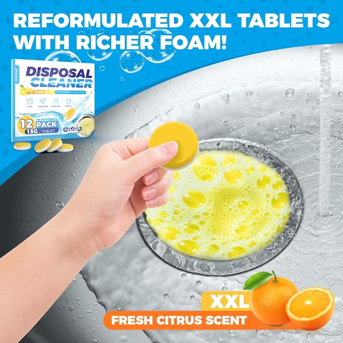 Garbage Disposal Cleaner Tablets, 12 Count, 6 Month Supply | Foaming Action, Food Residue and Buildup Cleaning, Hard-To-Reach Areas, Easy Drop-In Tablets, Reduce Disposal Odors