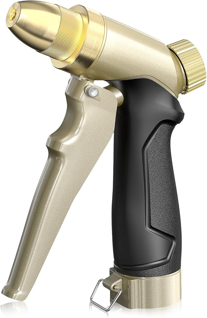 RAINPOINT Garden Hose Nozzle, 100% Heavy Duty Metal Hose Sprayer, High Pressure Water Hose Nozzle with Adjustable Spray Patterns and Flow Control for Watering Plants, Car Washing, Pet Washing, Gold