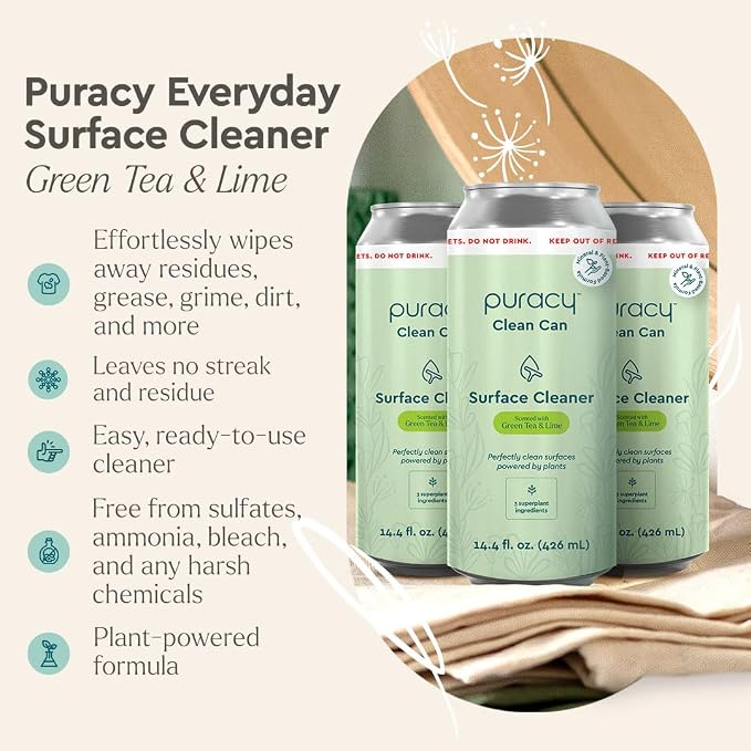 Puracy All Purpose Cleaner Clean Can – Plant-Powered Multi-Surface Cleaner - Surface Cleaner Solution As Seen on TikTok (Green Tea + Lime, 14.4 fl oz, 3 Pack)