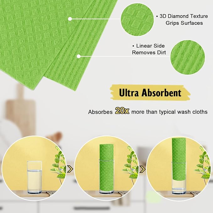 MoLKENE Swedish Dishcloths for Kitchen | 10 Pack Absorbent Cellulose Sponge Cloths Washable | Non-Scratch Reusable Paper Towels Quick Drying Cleaning Rag - Lime Green