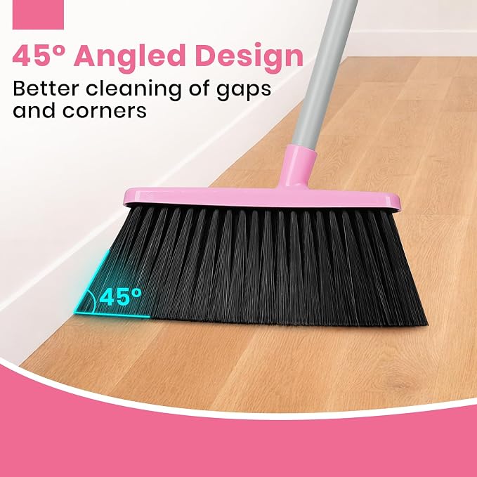 REEWII Pink Broom and Dustpan Set,58” Long Adjustable Handle Small Broom with Stand up Dustpan Combo Set with Dust Pan Teeth,for Indoor Home Office Floor Cleaning
