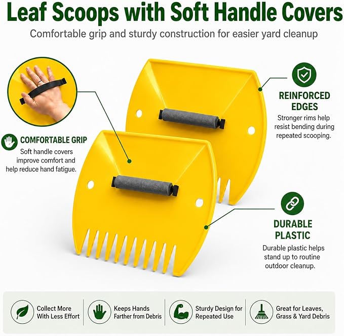 Leaf Scoops Hand Rakes, Leaf Claws & Leaf Grabbers for Yard Work with 72-Gallon Reusable Leaf Bag, 2 Pairs Adult Garden Gloves & Soft Handle Covers, Yard Cleanup Kit for Leaves