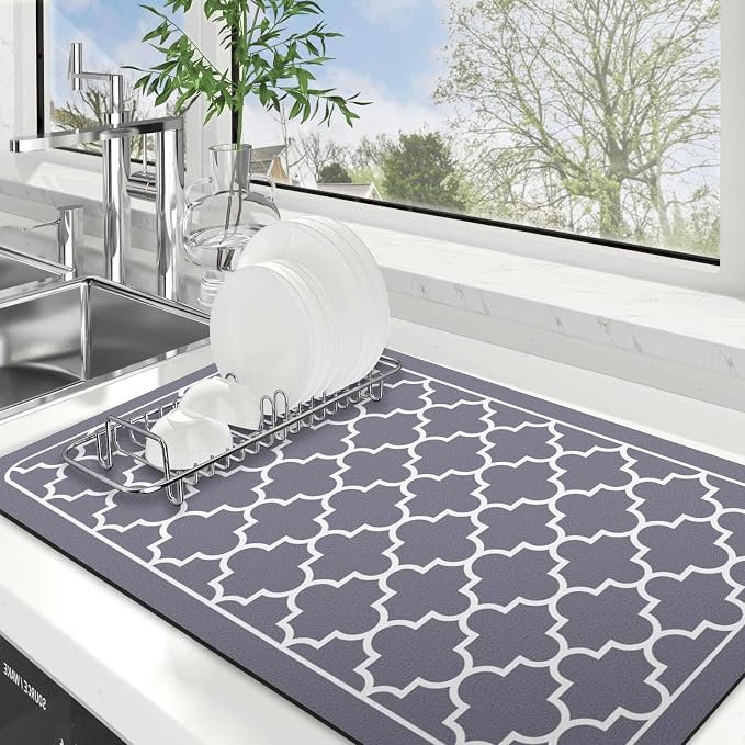 WISELIFE Dish Drying Mat Super Absorbent Drying Mat Large Dish Drying Mats for Kitchen Counter Easy Clean Dish Mat Kitchen Drying Mat18"x 28" Stylish Grey
