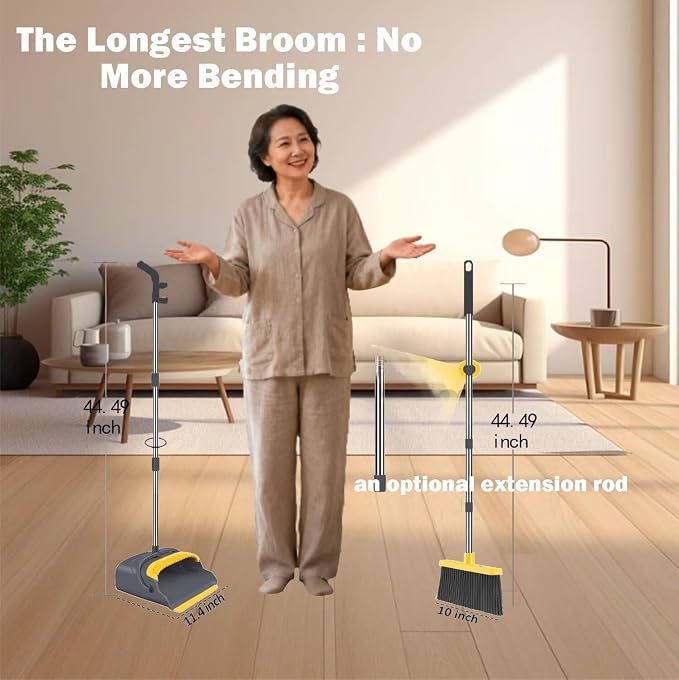 Broom and Dustpan Set with Long Handle - Upright Dustpan & 3 Rows Dense Bristles, Ideal for Home, Office, Kitchen, Lobby, Shop, All-Purpose Indoor & Outdoor Sweeping,Gray&Yellow