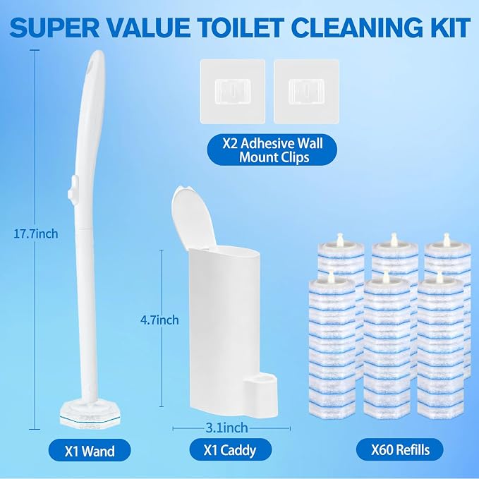 Disposable Toilet Brush Set - Toilet Bowl Wand Refills with Toilet Cleaners, Disposable Brush Heads with 5X Cleaning Power, Includes 60 Refill Heads for Clorox Toilet Brush, Wand & Storage Caddy