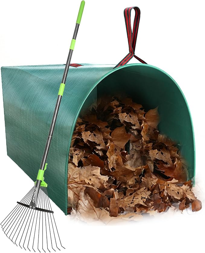 63.4 Inch Adjustable 18 Tines Metal Leaf Rake Set with 40 Gal Dustpan Bags | Adjustable garden rake, Leaf scoop set, Lawn debris collector, Metal tine rake,Outdoor yard tool,Garden shrub & grass sweeper