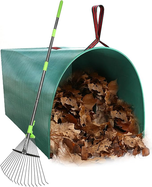 63.4 Inch Adjustable 18 Tines Metal Leaf Rake Set with 40 Gal Dustpan Bags | Adjustable garden rake, Leaf scoop set, Lawn debris collector, Metal tine rake,Outdoor yard tool,Garden shrub & grass sweeper