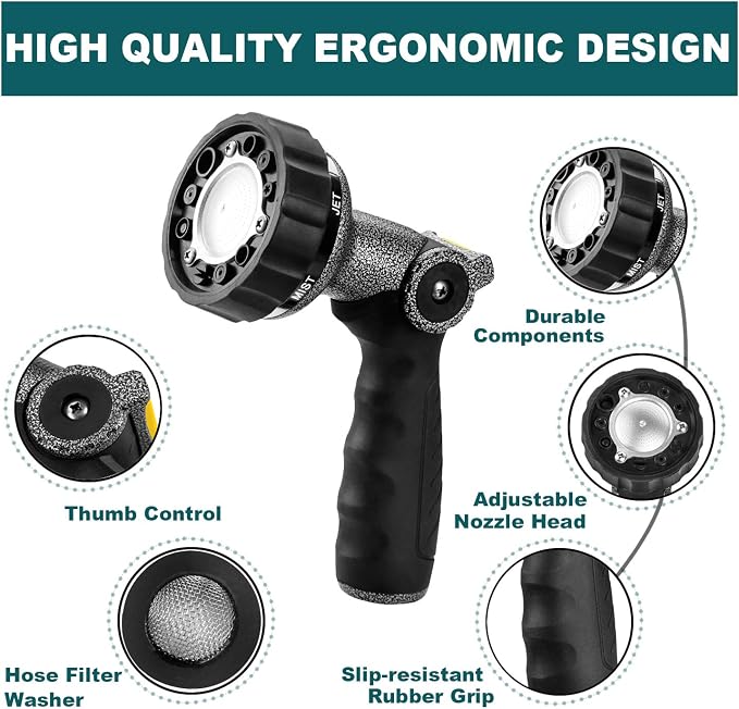 GREEN MOUNT Garden Hose Nozzle, Water Hose Spray Nozzle with Thumb Control On Off Valve for Easy Water Flow Control, Black-grey