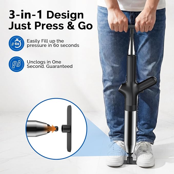 HAMITOR Toilet Plunger Drain Clog Remover: High Pressure Air Plunger & Heavy Duty Toilet Snake with Barometer for Bathroom,Sink - Unclogging Tool for Failed Traditional Plungers, Black