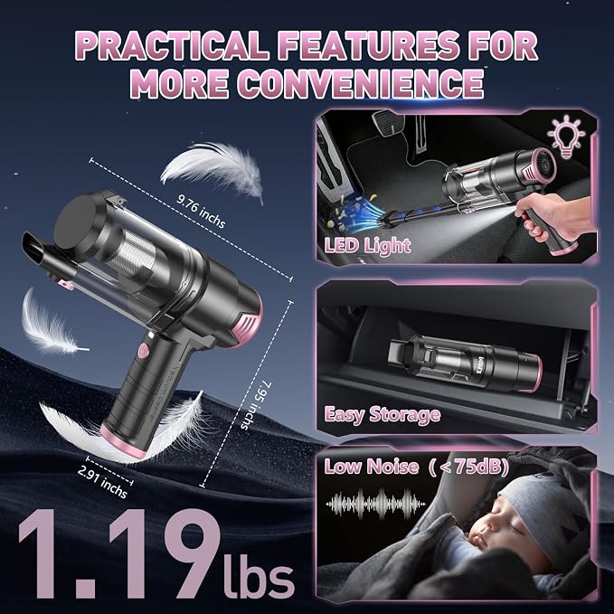 KMM Handheld Car Vacuum Cleaner, Hand Held Car Vacuum & Air Duster | 16000PA Strong Suction, 120W High Power, Cordless, Portable, Rechargeable, Multi-Nozzles & LED Light, For Home, Car, Office
