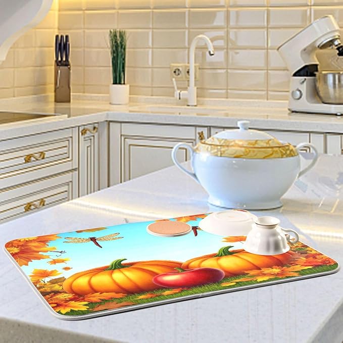 Autumn Thanksgiving Day Pumpkins Maple Dish Drying Mat for Kitchen Counter 16 x 18 Inch Flowers Dragonfly Leaves Dry Dishes Pads Mats Absorbent Countertops Counter Tableware Mat Protector Home Decor
