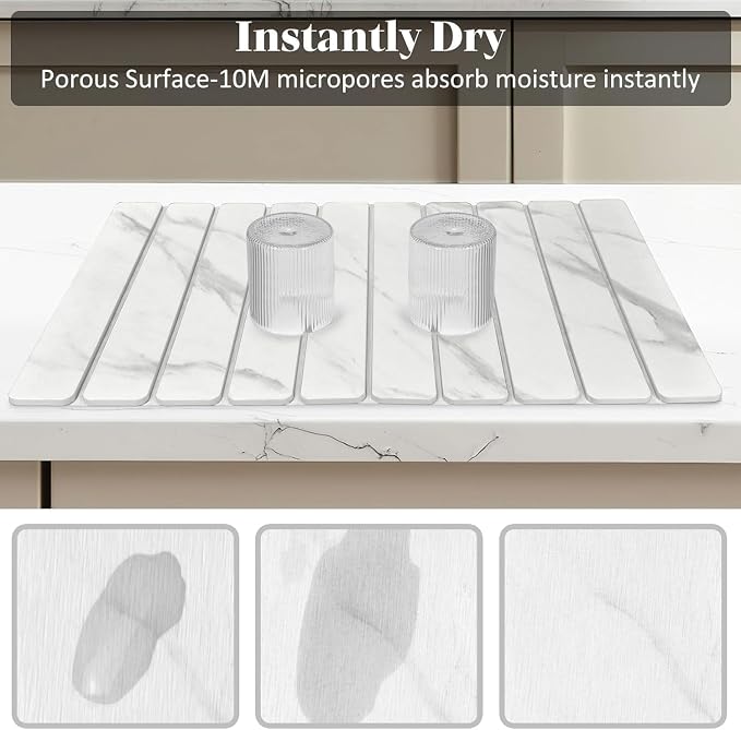 Large Stone Dish Drying Mats for Kitchen Counter, Quick Dry Dish Drying Mats, Foldable Absorbent Diatomaceous Earth Mats for Dishes Cups, Match Any Countertop (24"×16" & 8"x4" White Marble )