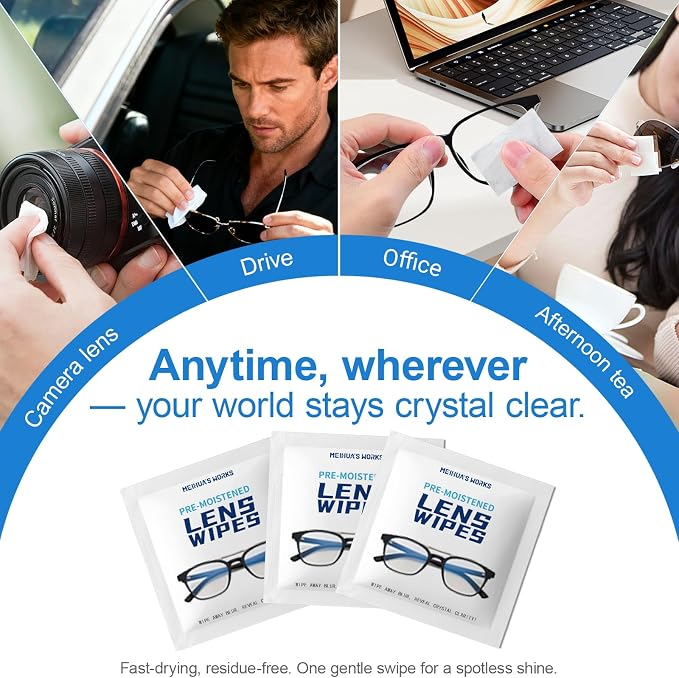 120 Count Lens Wipes for Eyeglasses, Eye Glasses Cleaner Wipes for Screens | Pre-Moistened Individually Wrapped, Streak-Free Scratch-Free, Travel, Eyeglass Cleaning Wipes for Sunglasses, Camera Lens