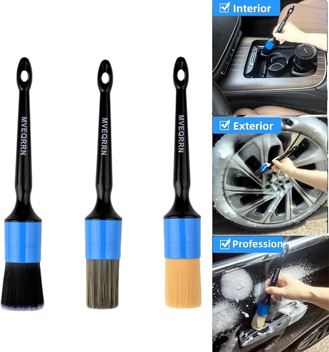 MVEQRRN 3pcs Car Detailing Brush Set,Boars Hair Detailing Brush Blue | Ultra Soft Car Detailing Brushes for Air Vents,Leather Seats,No Scratch Auto Detail Brushes for Interior Exterior